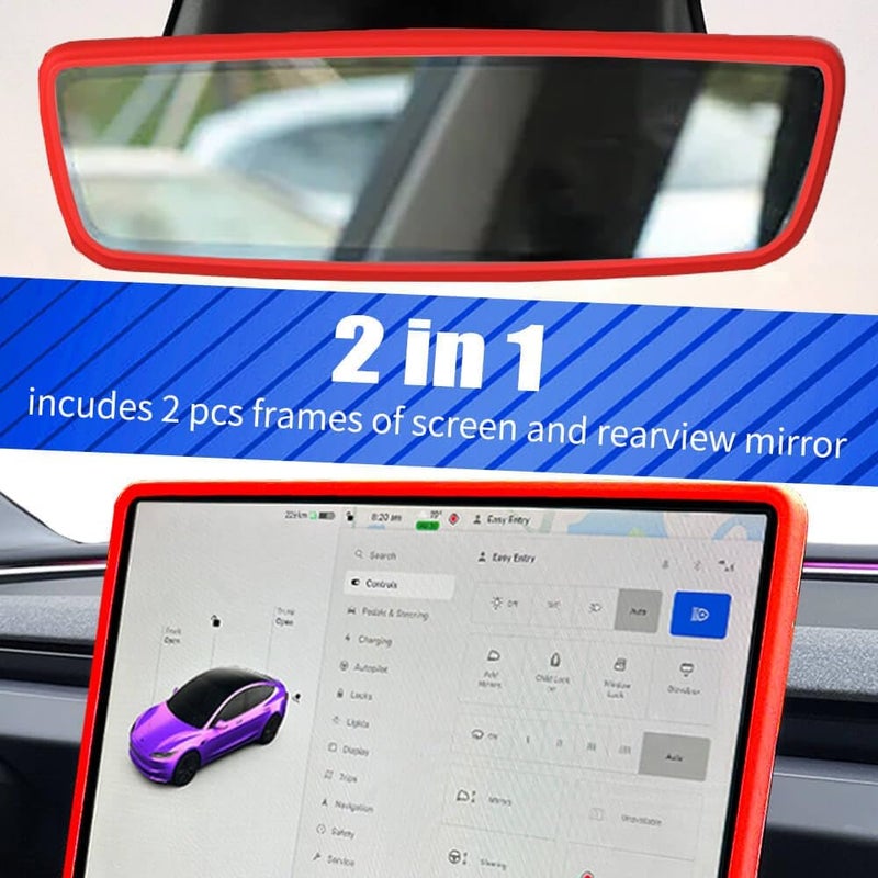 Yeapop 2Pcs Silicone Protector Frames of Screen and Rear View Mirror for Tesla Model 3 2024 Highland and Model Y 2025 Juniper. (Red) - Image 3